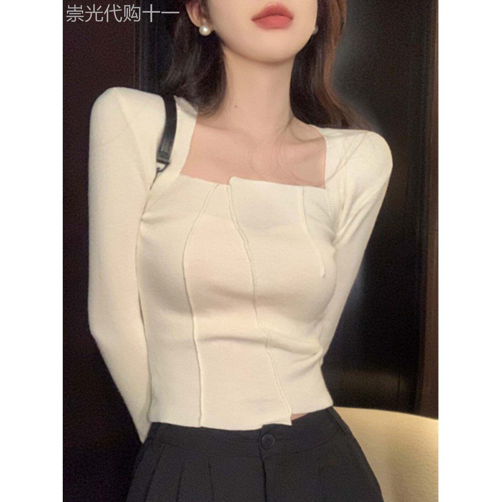 白色方领打底衫女2025秋季新款不规则辣妹修身内搭短款针织衫上衣