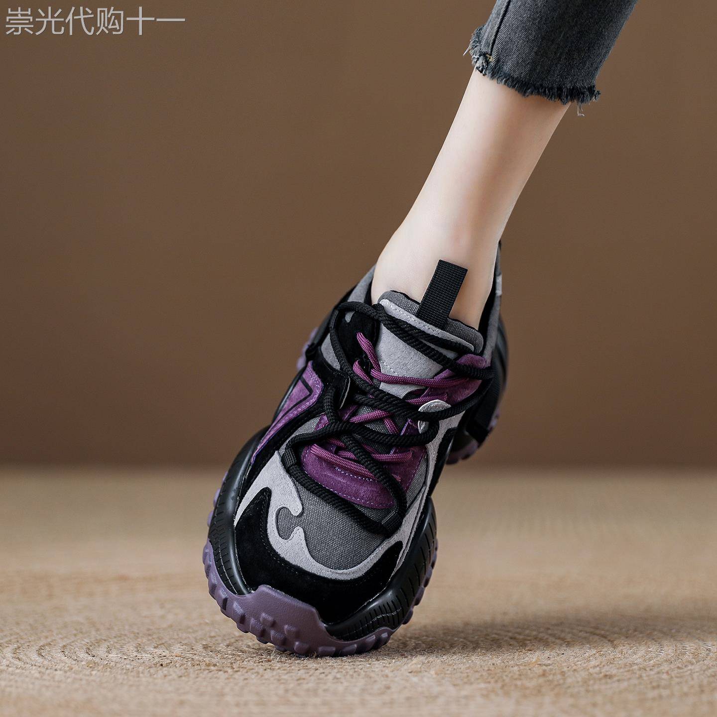 西班牙小众品牌ONGYSL覆古厚底真皮老爹鞋女跑步运动鞋增高休闲鞋