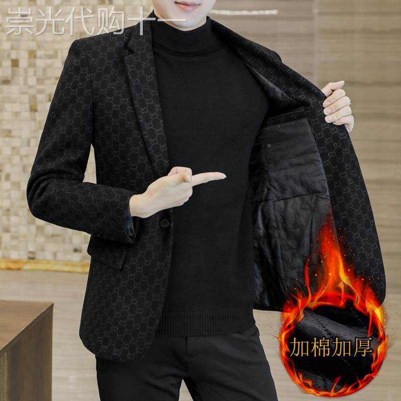 秋冬季小西装男士韩版修身印花单西男装休闲加棉加厚保暖西服外套
