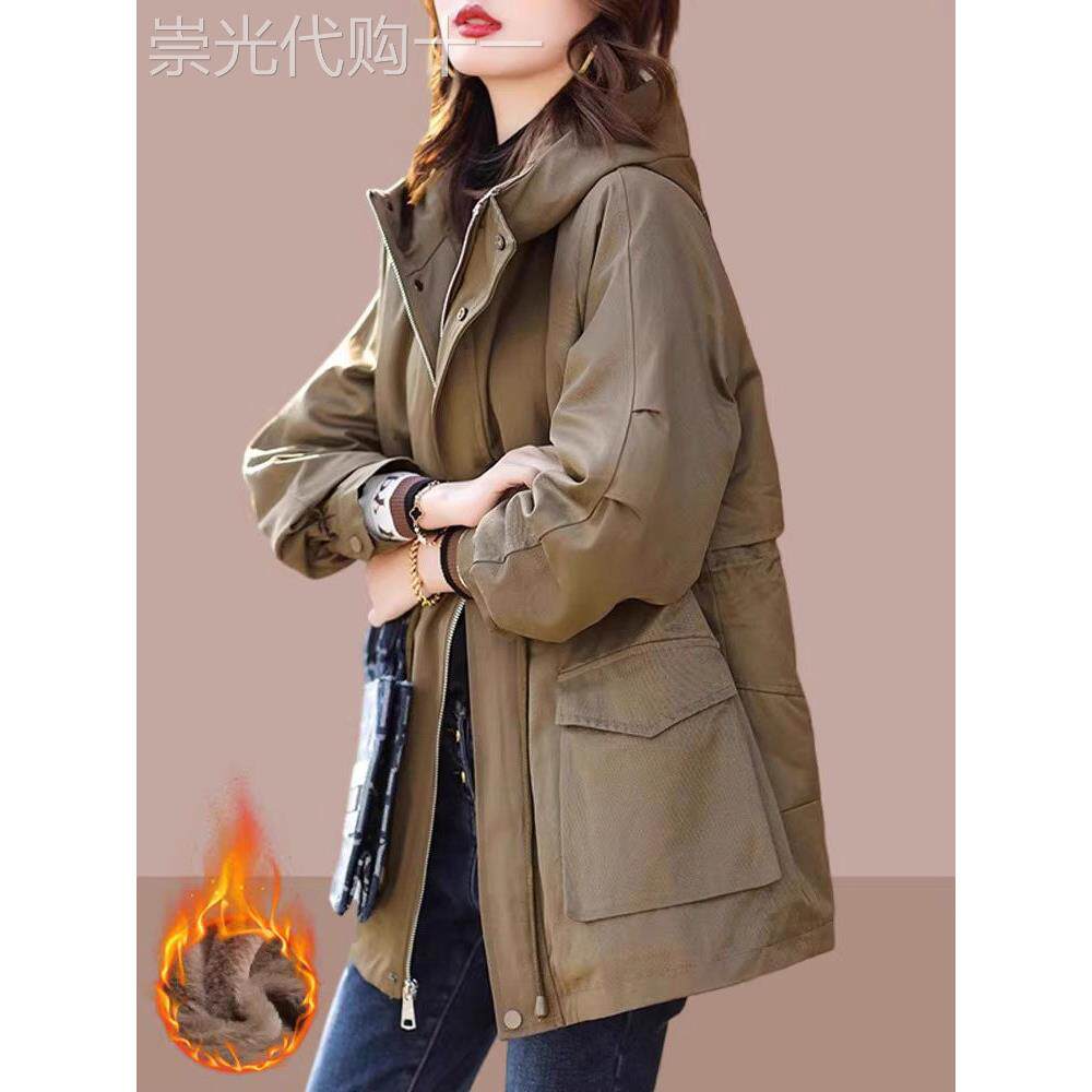 派克服棉服女秋冬2025年新款加绒加厚中长款大码连帽棉衣棉袄外套
