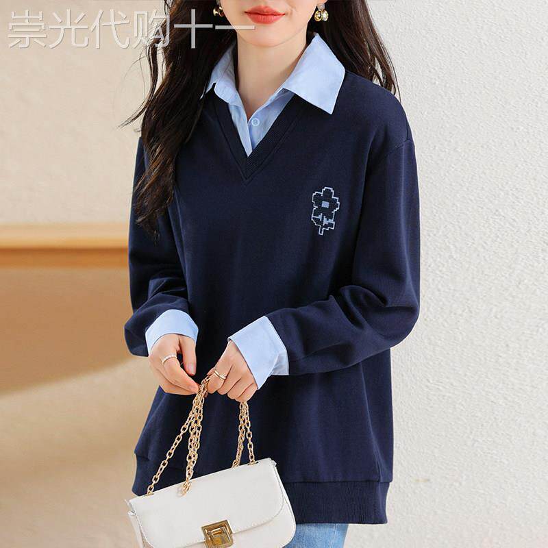 高级感学院风假两件大码卫衣女春秋季新款拼接时尚翻领休闲上衣