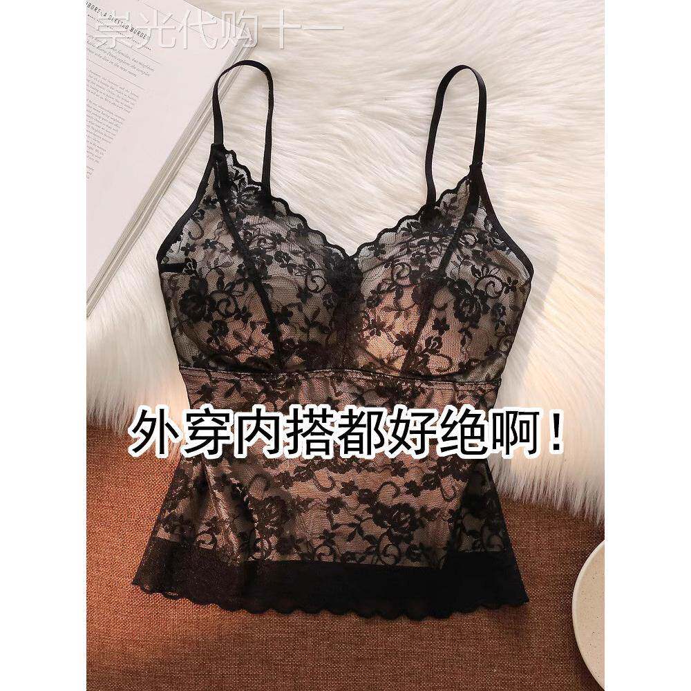 法式蕾丝吊带背心女夏季外穿带胸垫文胸一体性感美背内搭抹胸上衣