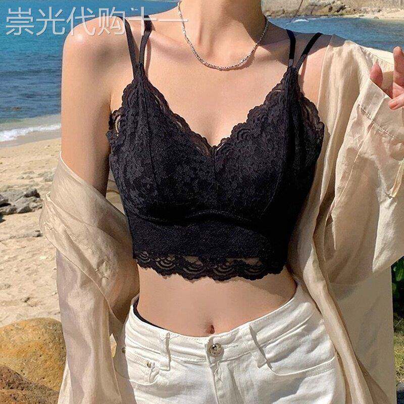 蕾丝抹胸内衣女夏天薄款兔耳杯乳胶垫无钢圈文胸美背交叉吊带背心