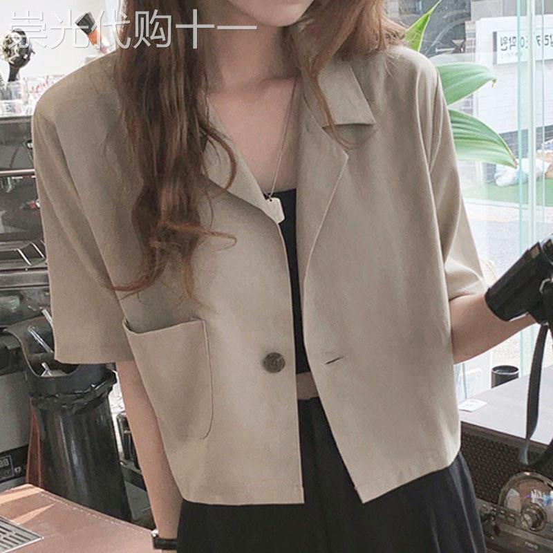 复古港风棉麻短袖西装女夏季新款一粒扣百搭宽松短款时尚小外套潮