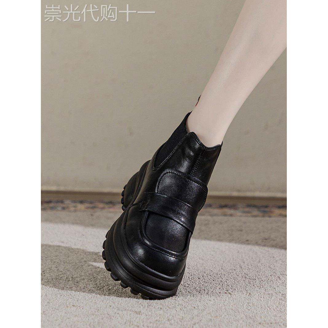 秋季欧货松糕厚底内增高加绒马丁靴女休闲漆皮亮面短靴黑色乐福鞋