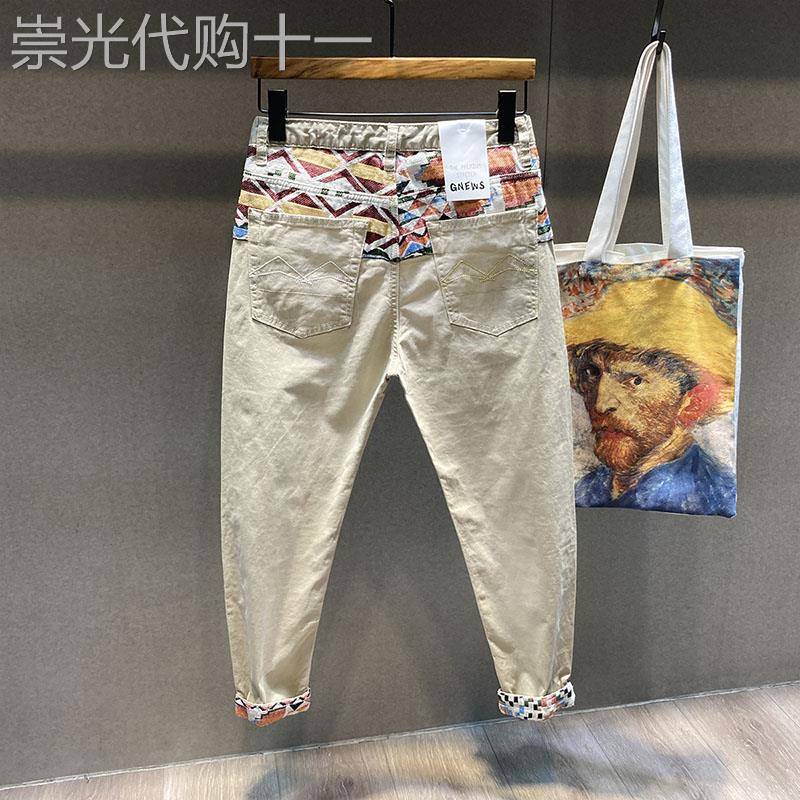 痞帅撞色九分裤男士春秋时尚个性刺绣修身烟管裤韩版潮流休闲裤子