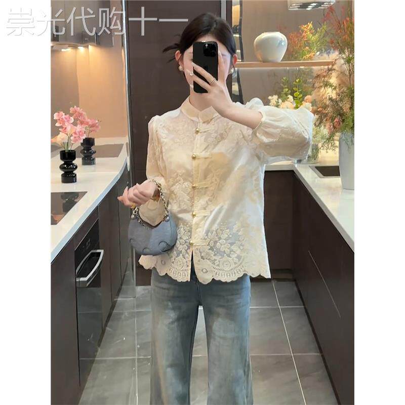 新中式国风蕾丝盘扣长袖衬衫女高级感轻奢减龄洋气设计感小众上衣