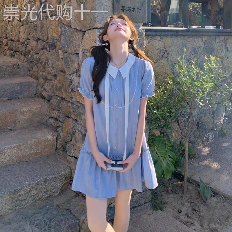 蓝色蝴蝶结娃娃领洋装女2026夏季新款韩系甜美荷叶边短裙小个子
