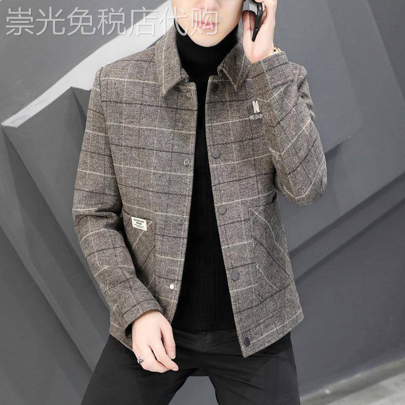 羊毛大衣男短款秋冬季2024新款加厚呢子翻领青年格子夹克男士外套