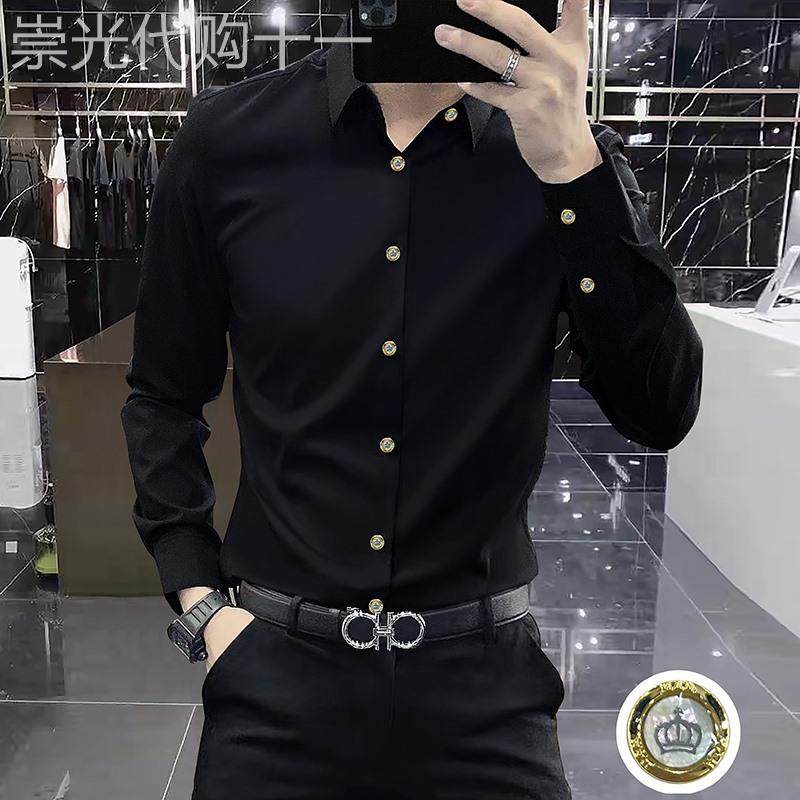 高级感纯色免烫弹力衬衫男士长袖新款高端商务休闲修身黑色衬衣男