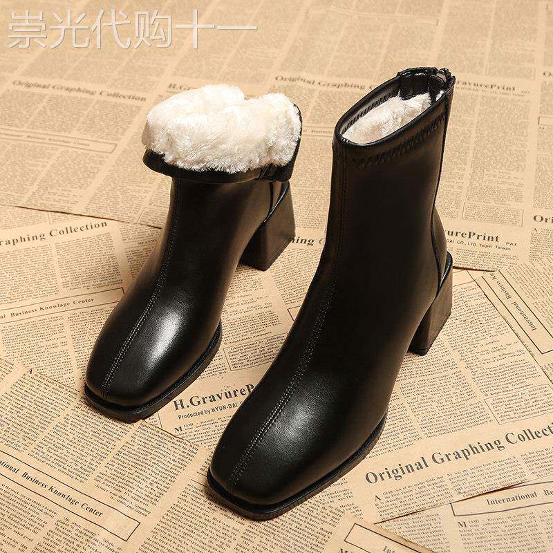 真皮雪地靴女2025新款冬季皮毛一体棉靴方头瘦瘦加绒保暖高跟短靴