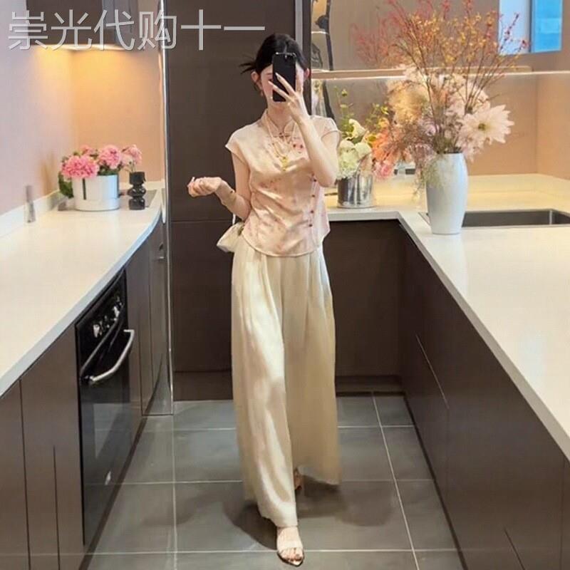 新中式国风套装女夏新款改良旗袍斜门襟立领衬衫上衣阔腿裤两件套