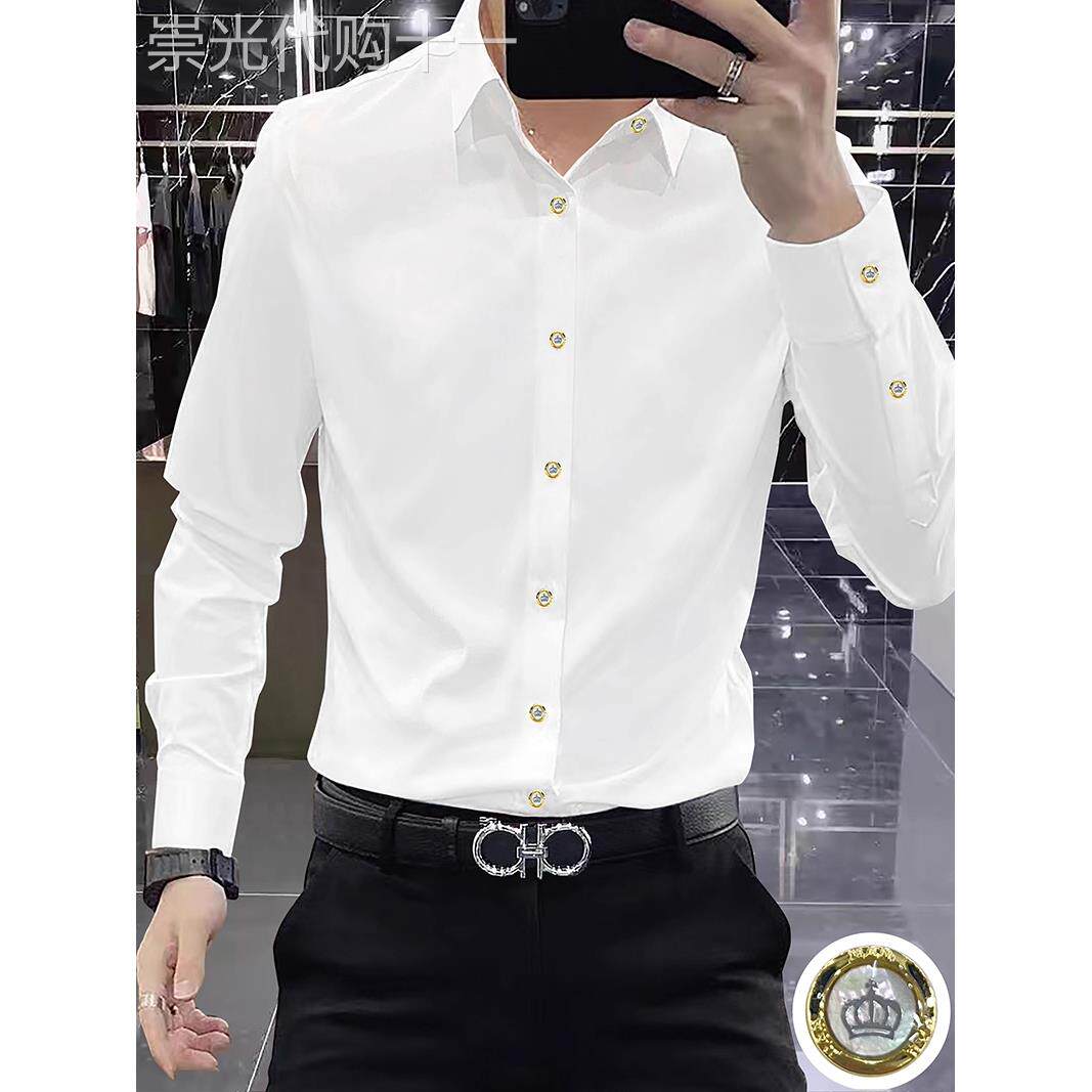 意大利品牌高端白色长袖衬衫男士秋季新款免烫抗皱修身休闲衬衣潮