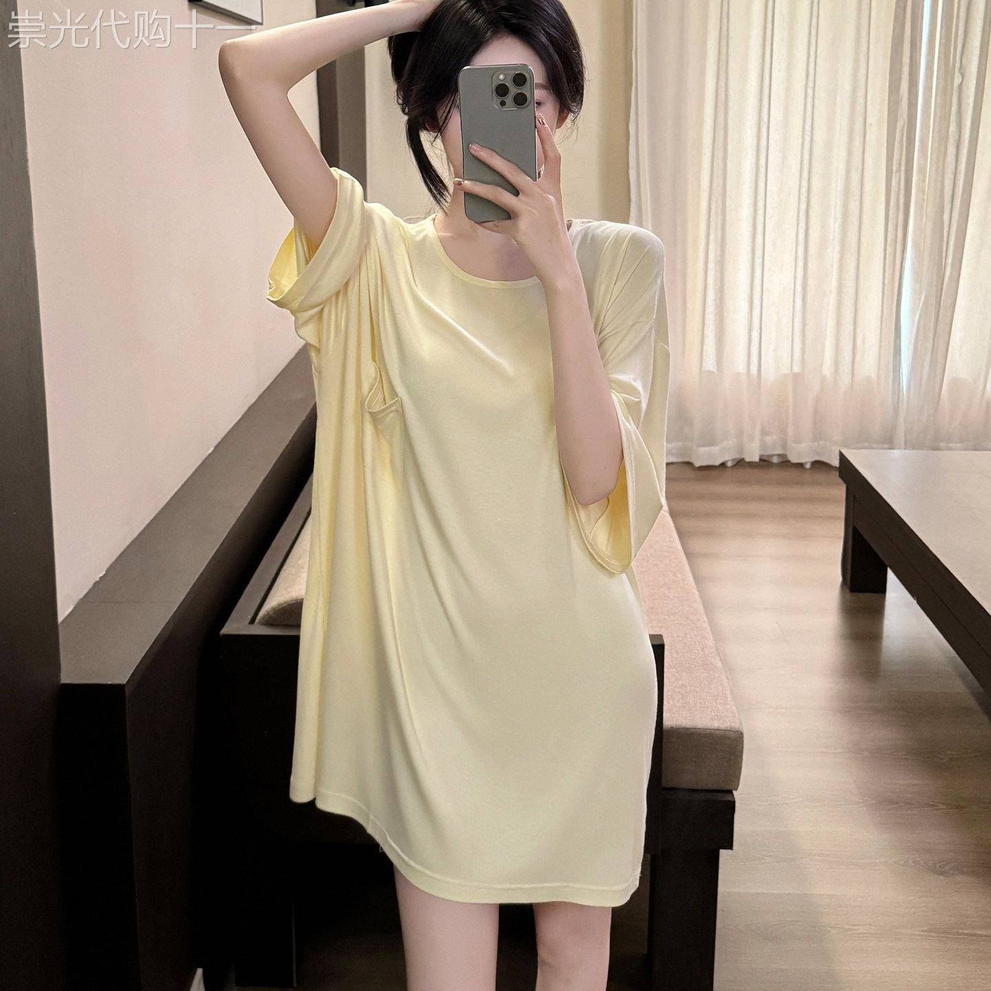 网红简约莫代尔睡裙女夏季性感薄款中袖宽松孕妇冰丝棉睡衣家居服
