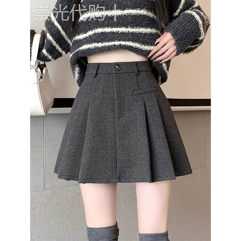 灰色毛呢百褶半身裙女秋冬欧货加厚高腰显瘦防走光小个子a字短裙