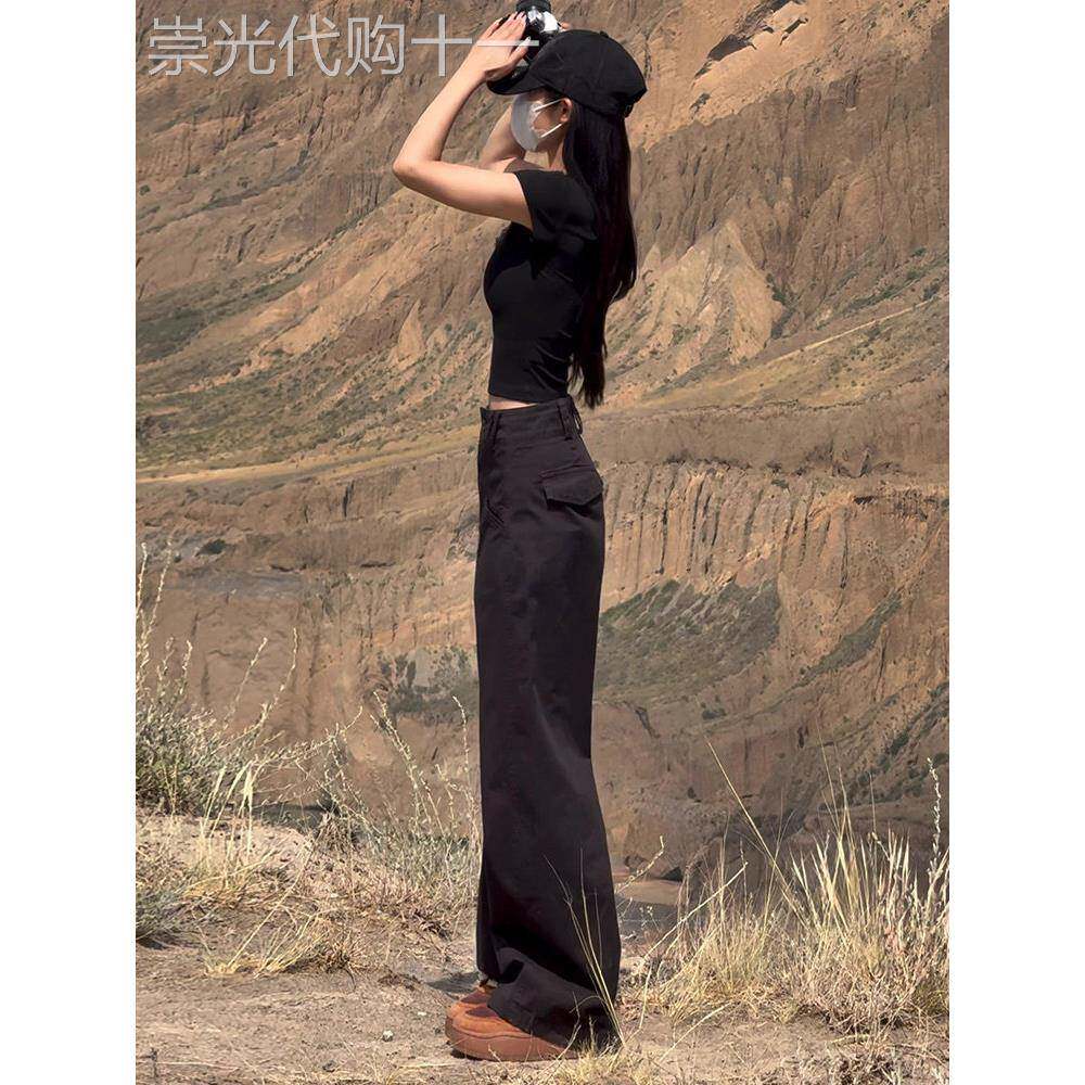 黑色美式辣妹工装裤女2025夏季新款高腰显瘦窄版休闲阔腿西装裤子