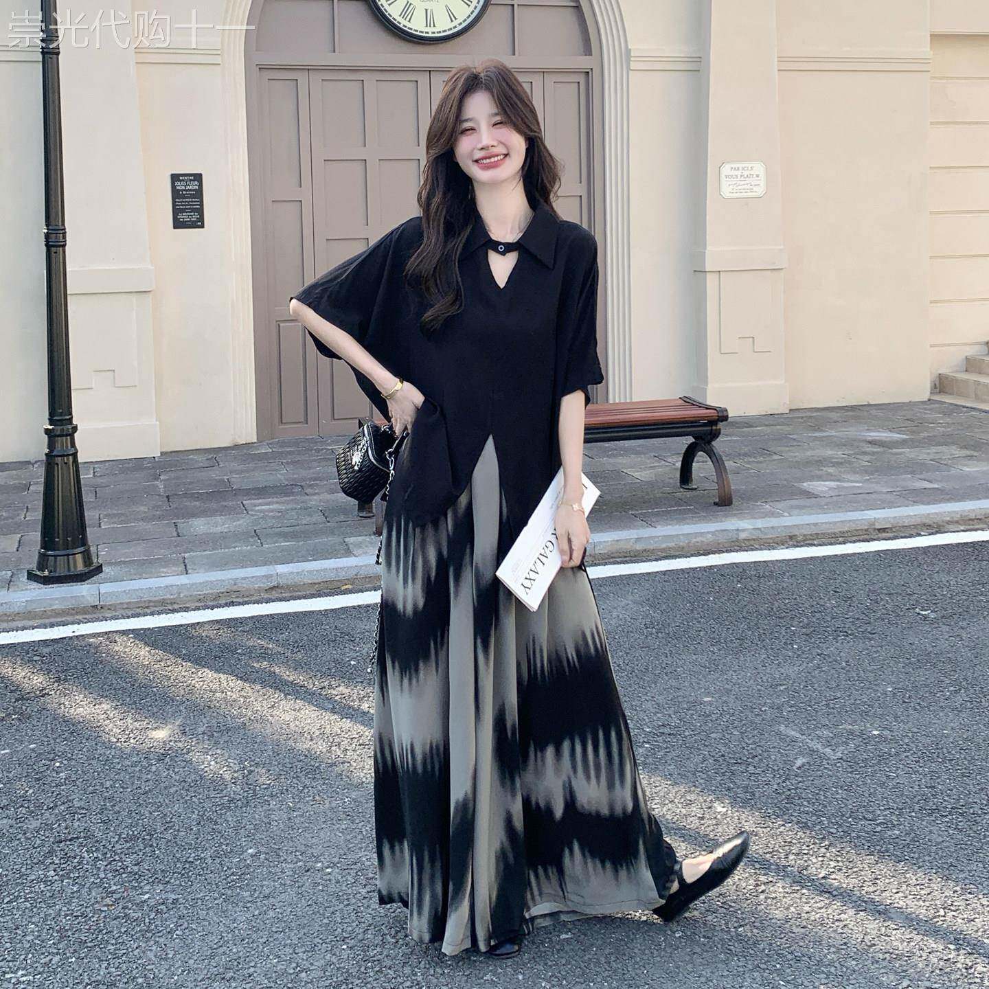 黑色高级设计感V领短袖衬衫套装女2026夏松弛感扎染阔腿裤两件套