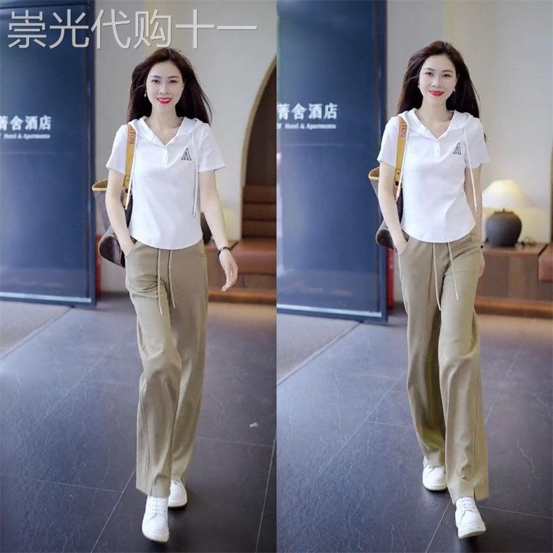 休闲运动服套装女夏季连帽短袖T恤上衣高腰阔腿裤显瘦减龄两件套