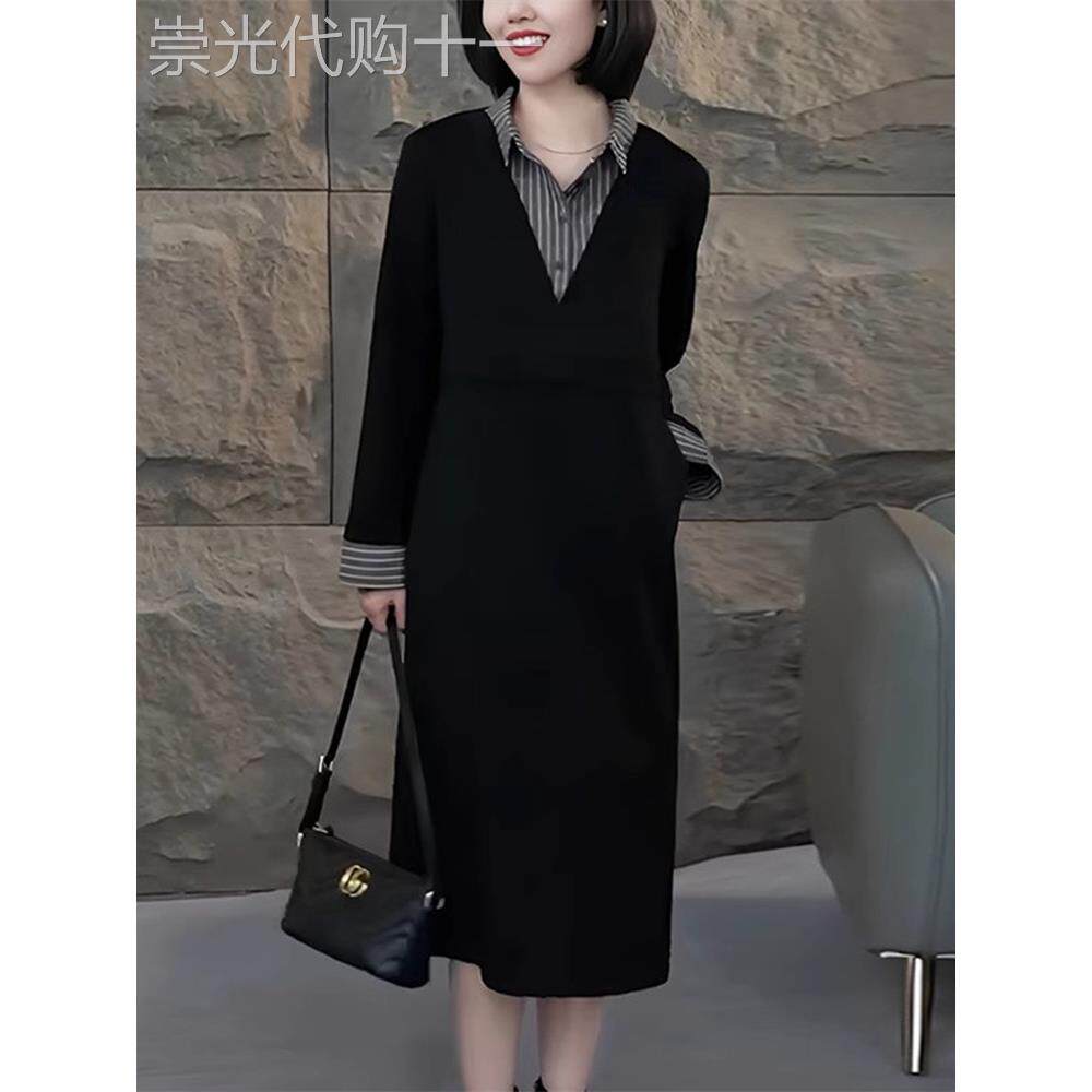 假两件长袖连衣裙女春秋新款时尚休闲翻领垂感中长款POLO领衬衫裙