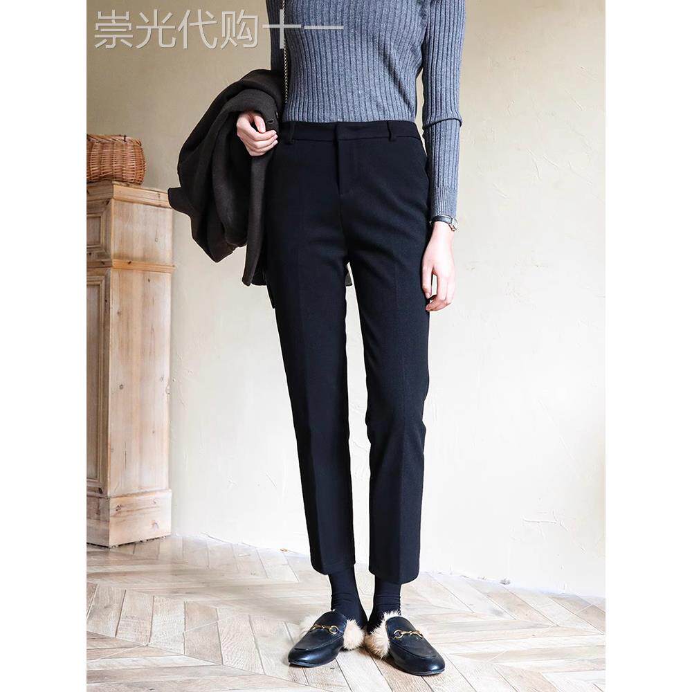 2025春秋新款九分烟管羊毛呢裤女加厚加绒直筒通勤黑色休闲西装裤