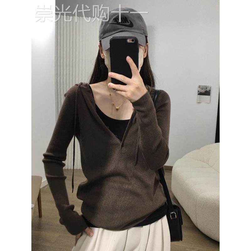 美拉德咖色连帽针织衫女装2025秋季新款修身显瘦卫衣内搭毛衣上衣