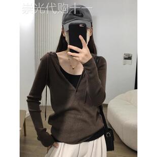 美拉德咖色连帽针织衫女装2025秋季新款修身显瘦卫衣内搭毛衣上衣