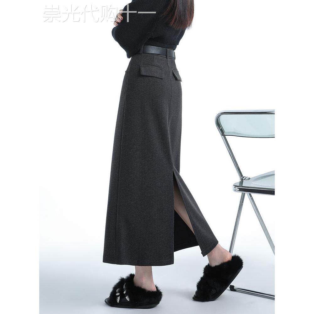 灰色毛呢西装半身裙女2025年秋冬季新款高腰显瘦a字包臀开叉长裙