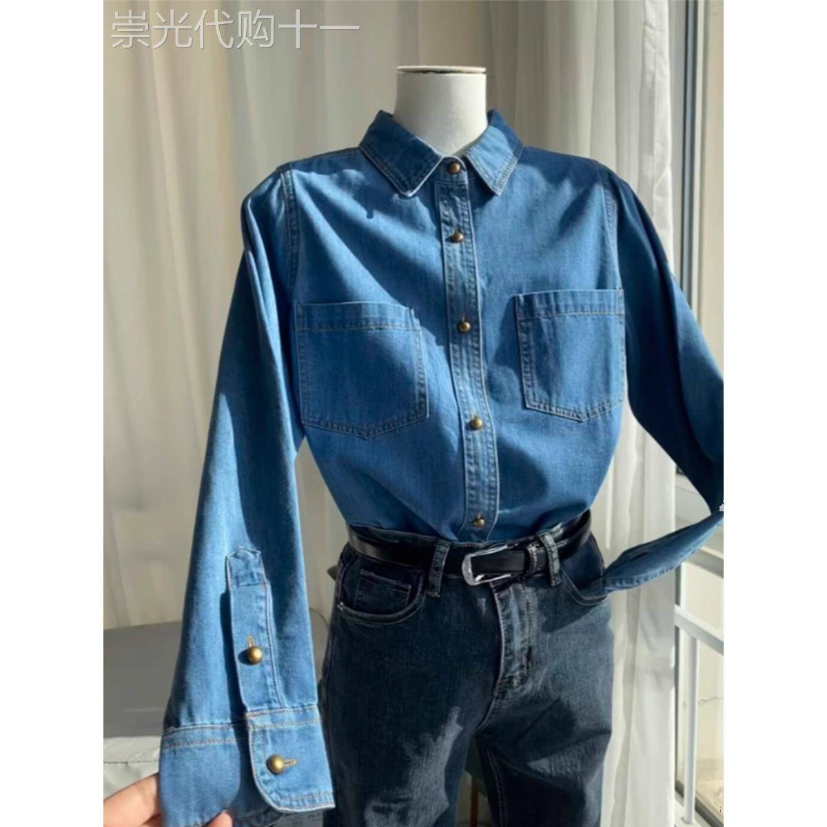 香港TIMO港风覆古蓝色牛仔衬衫女2025年早春宽松叠穿正肩衬衣上衣