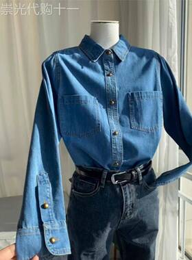 香港TIMO港风覆古蓝色牛仔衬衫女2025年早春宽松叠穿正肩衬衣上衣