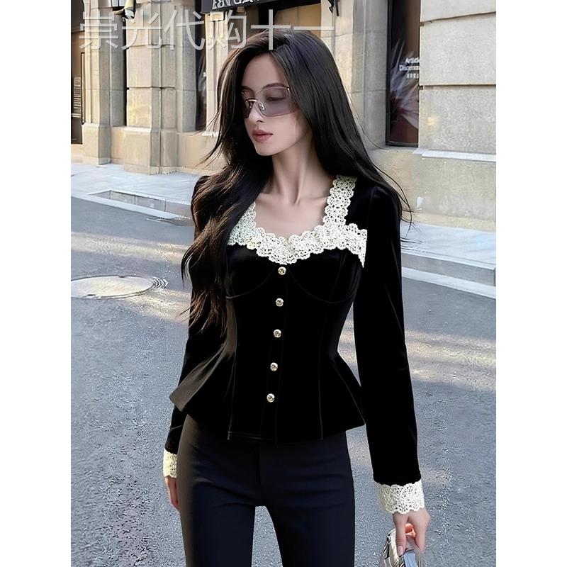 法式绝美方领蕾丝拼接金丝绒上衣女冬新款轻熟小众设计感收腰衬衫