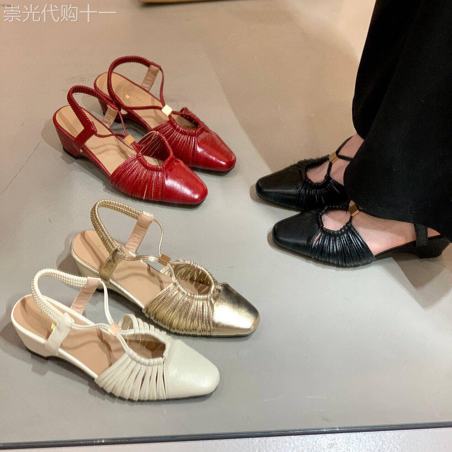 潮牌复古红色小众设计款镂空包头凉鞋女夏新款中高跟不累脚罗马鞋