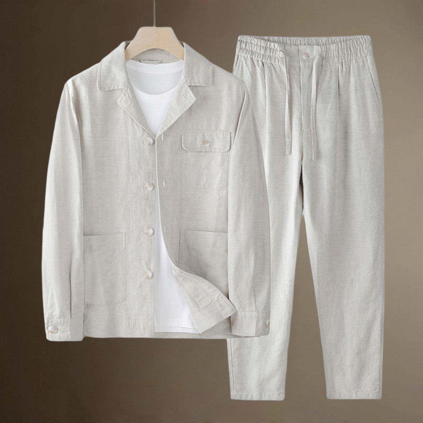 亚麻套装男士中年爸爸衬衫休闲夹克外套春秋季中老年男装棉麻衣服