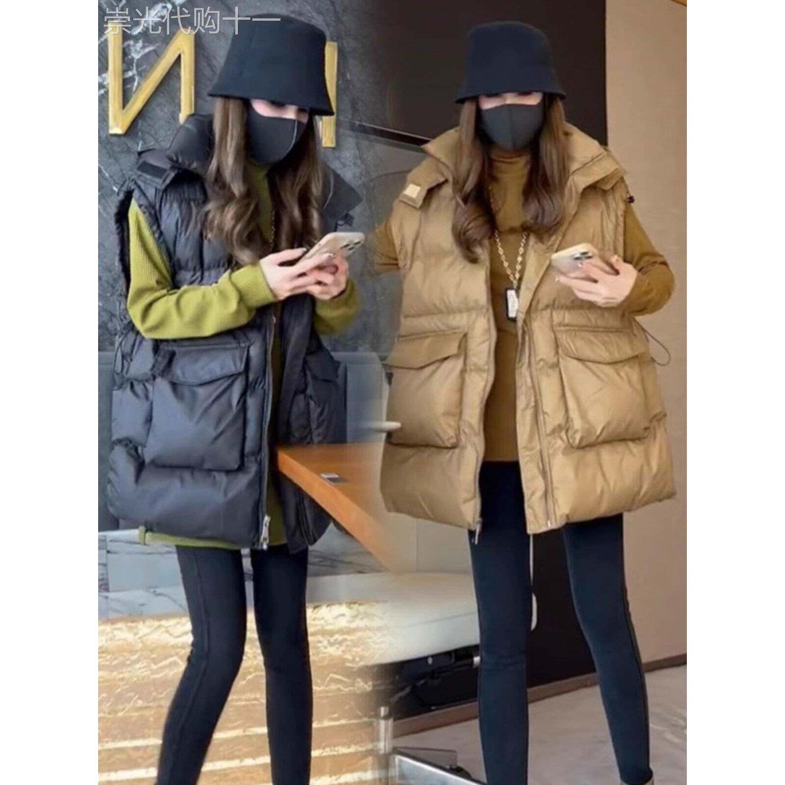 中长款连帽羽绒棉马甲女秋冬款欧货宽松背心时尚坎肩马夹休闲外套