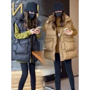 中长款连帽羽绒棉马甲女秋冬款欧货宽松背心时尚坎肩马夹休闲外套