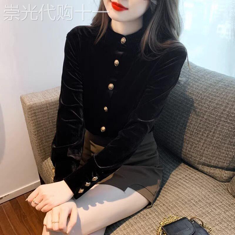 金丝绒衬衫女春秋2025新款法式覆古时尚洋派黑色打底小衫长袖上衣