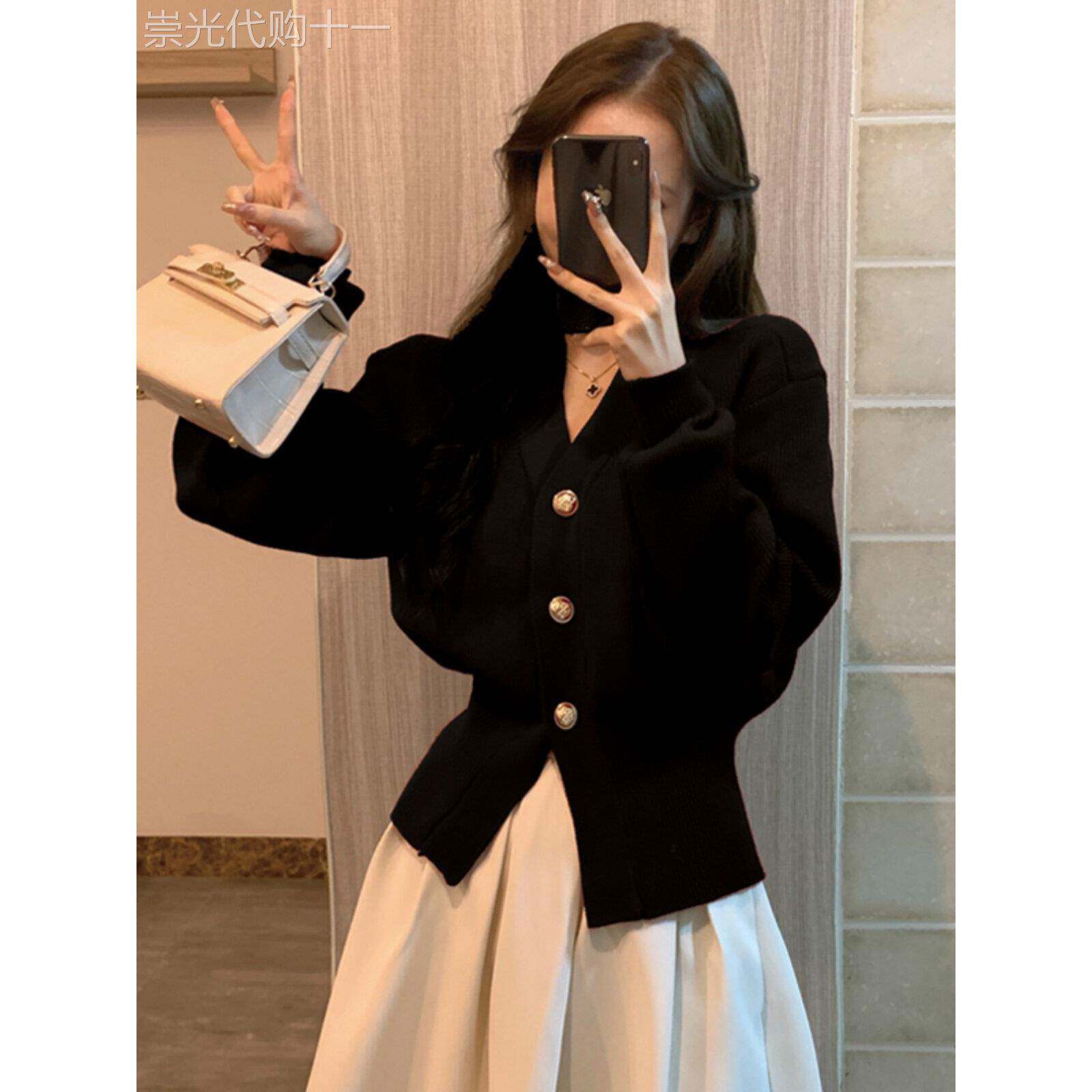 法式黑色小香风V领毛衣开衫女秋设计感小众收腰气质针织外套上衣