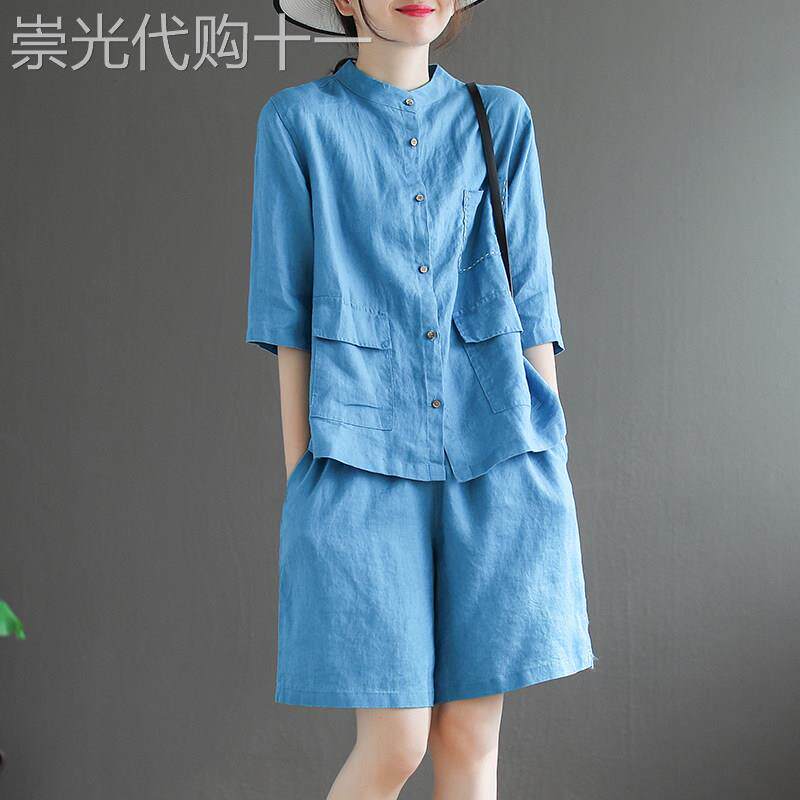 文艺棉麻短裤套装2026新款女装夏季亚麻短袖t恤+休闲裤大尺码两件