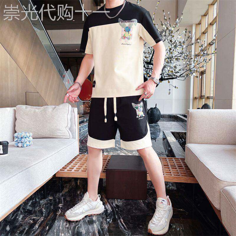 冰丝短袖短裤套装男士夏季薄款潮牌高级感宽松印花时尚搭配两件套
