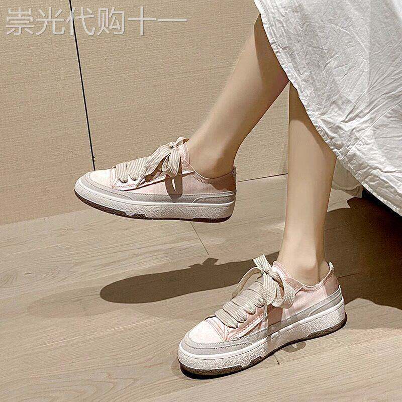 小白鞋女2026年春秋新款绸缎透气休闲运动板鞋爆款百搭厚底德训鞋