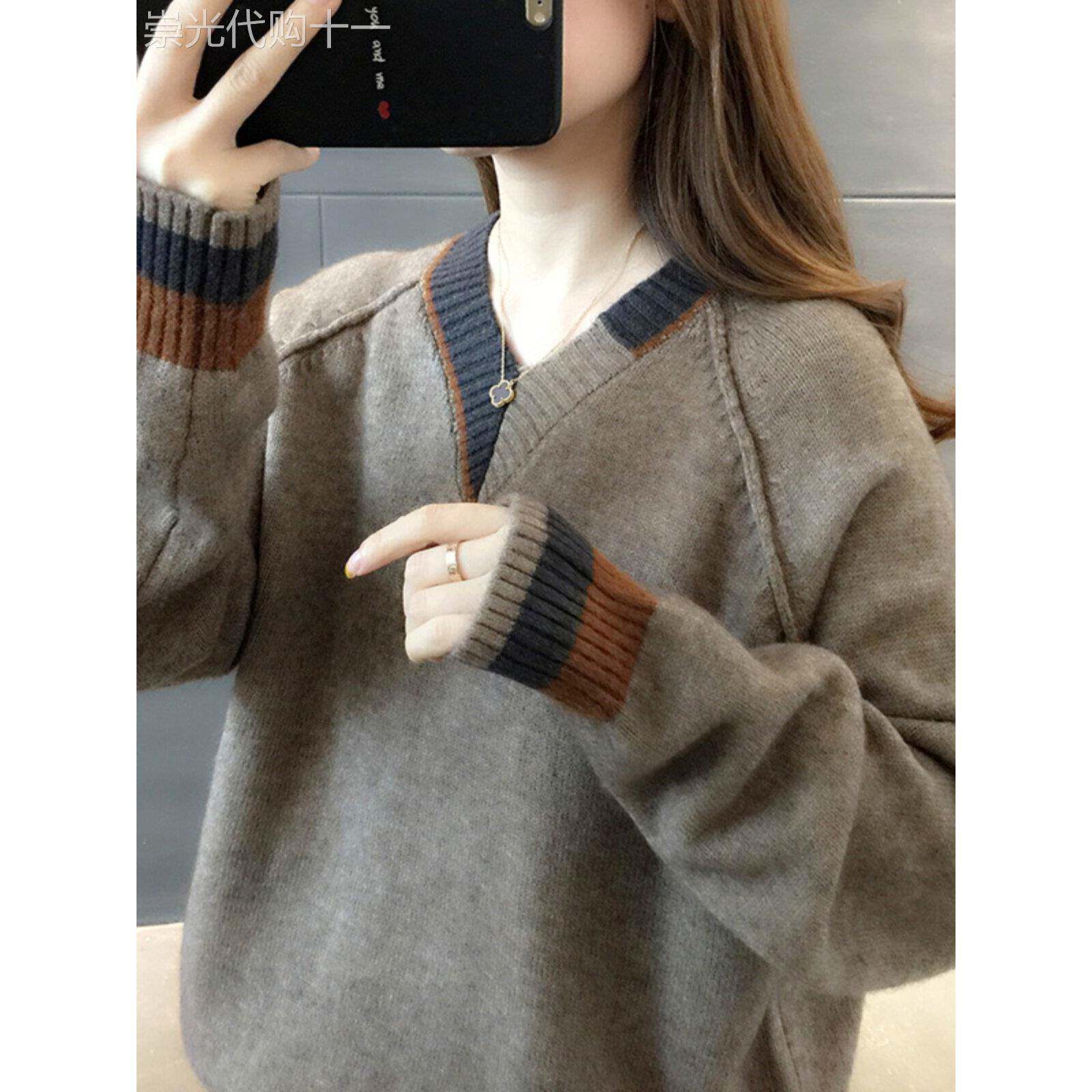 毛衣女款2025新款冬季v领宽松覆古慵懒风冬季加厚针织打底衫上衣