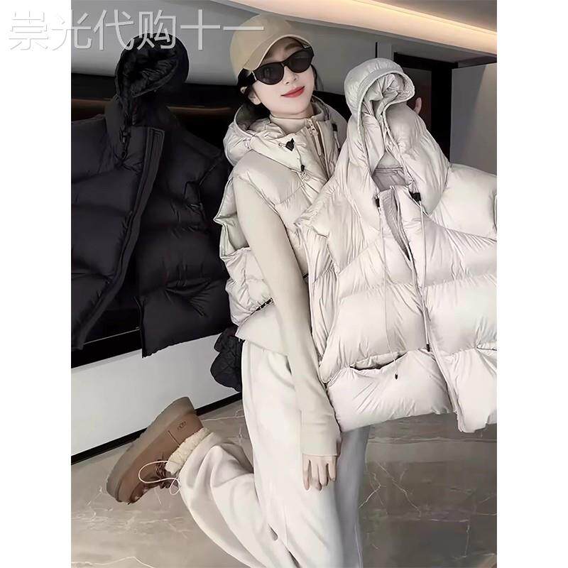欧洲站白鸭绒羽绒马甲女2025新款春秋冬季轻薄保暖连帽背心外套潮