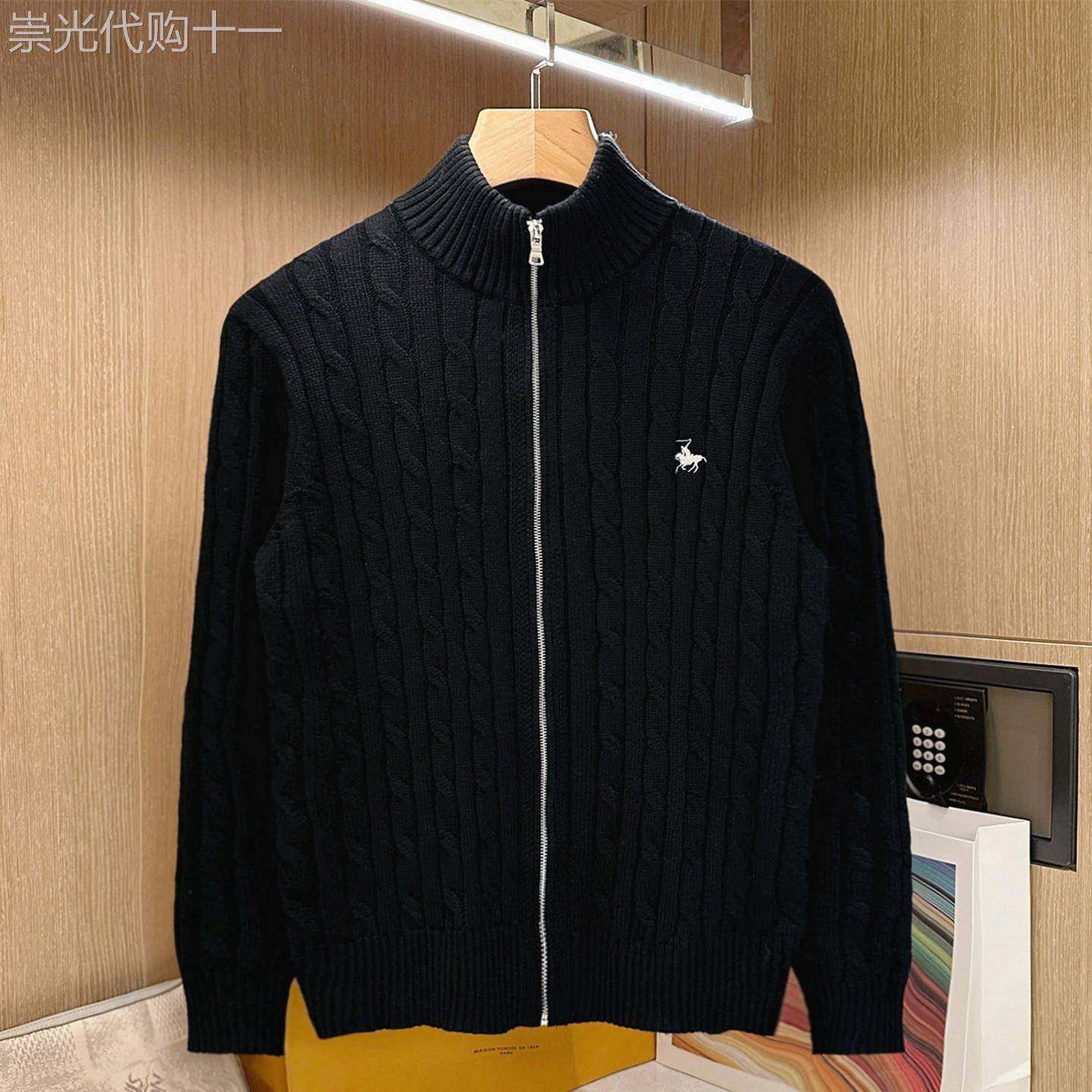 美式老钱麻花拉链开衫针织衫男士冬季新款黑色复古半高领毛衣外套