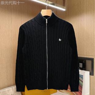 美式老钱麻花拉链开衫针织衫男士冬季新款黑色复古半高领毛衣外套