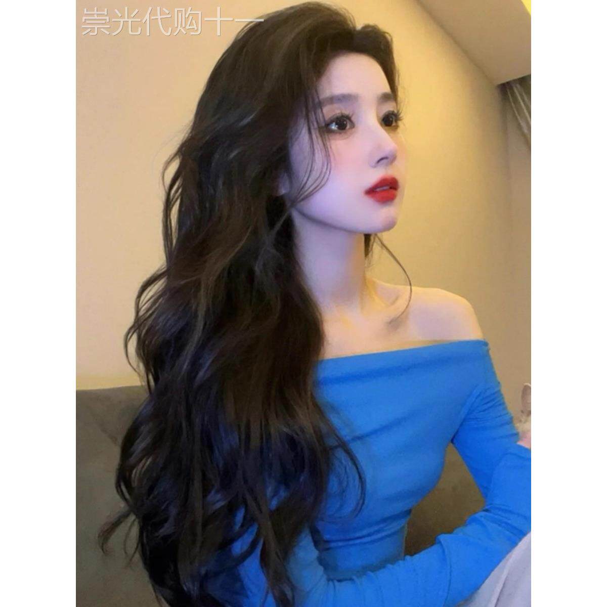 蓝色女式单肩长袖t恤2025新款韩式早秋穿法式内搭露肩性感上衣