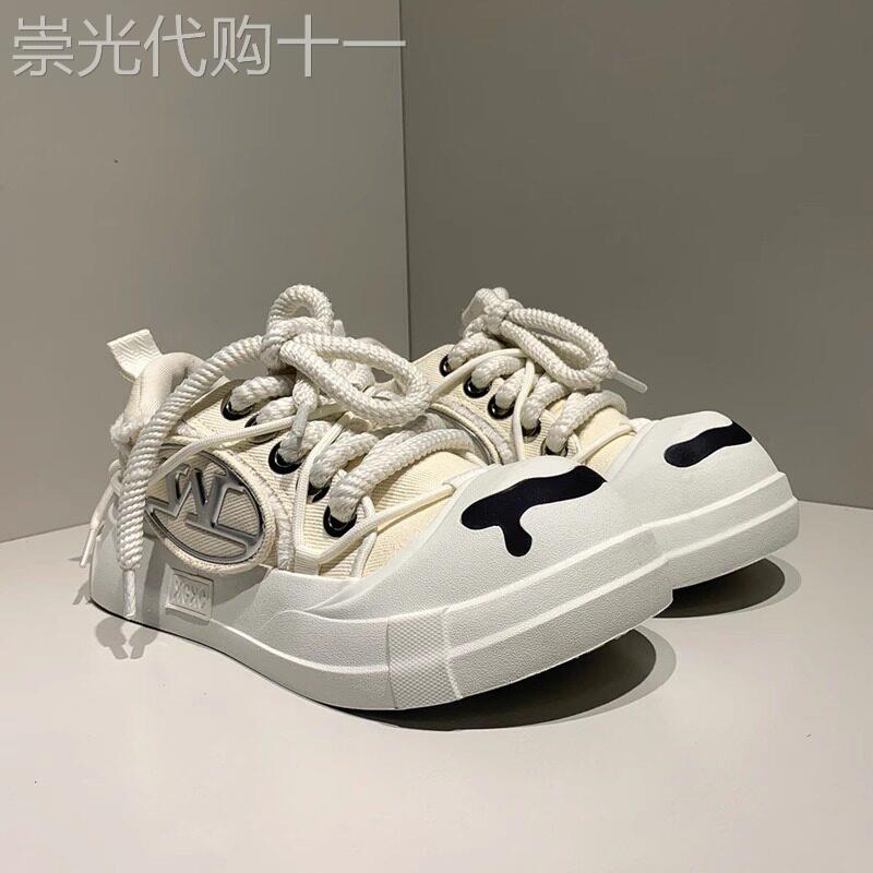 【高品质】张紫宁同款丑萌大头开口笑帆布鞋男女白色厚底增高板鞋
