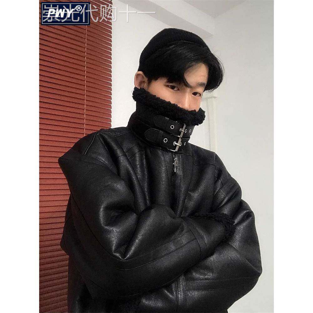 潮牌皮毛一体外套男冬季加绒加厚羊羔毛大码立领棉服机车皮衣夹克