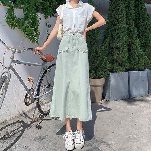 薄荷绿半身裙女夏季2026新款中长款牛仔裙高腰显瘦a字包臀长裙子
