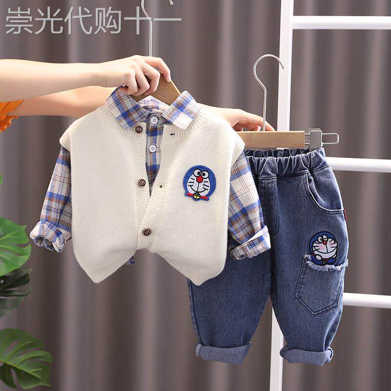 韩国洋派宝宝春秋款套装1一3岁男童衬衫网红三件套小童衣服童装酷