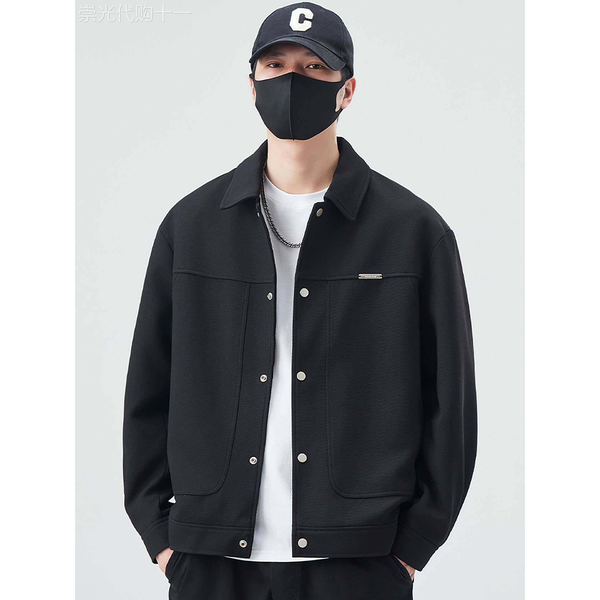 潮牌秋冬季高级感翻领外套男士纯色极简百搭行政夹克按扣休闲棉衣