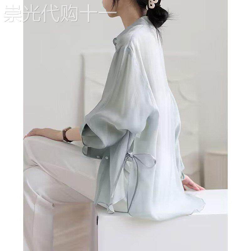 冰丝雪纺衬衫女夏季2026年新款薄款外搭绑带开衫防晒衣服外套上衣
